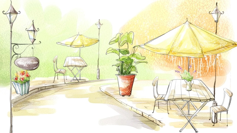 cafe, chairs, september, table, light posts, umbrella, plants, break, 3d and abstract, autumn, coffee, 1080P, flowers, fall