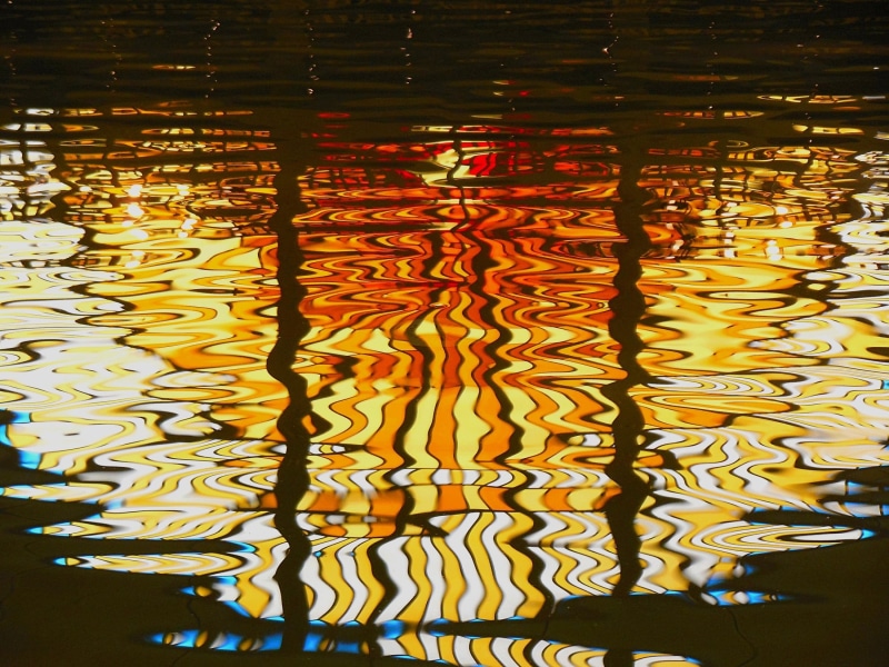 close-up, stained glass window reflection, illuminated, backgrounds, rippled, high angle view, light, 1080P, orange color, full frame, waterfront, ripples