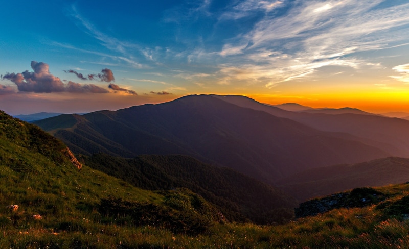forest, balkan mountains, sunset, landscape, tranquility, mountain peak, mountain, cloud - sky, non-urban scene, sunrise, environment, idyllic, scenics - nature