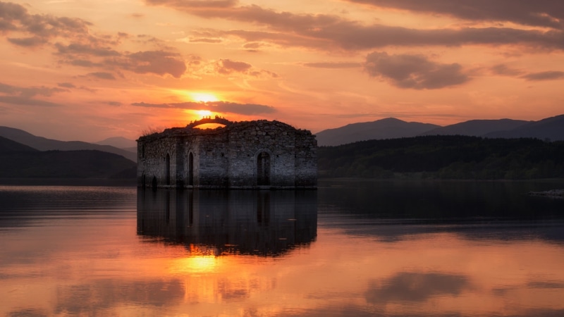 orange color, Bulgaria, water, tranquil scene, scenics - nature, trees, lake, Sun, cloud - sky, hills, mountain, tree, spring, tranquility, 1080P, nature
