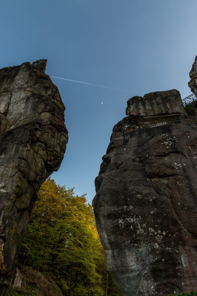 clear sky, externsteine, sanctuary, sandstone rocks, tranquility, day, germany, cliff, celtic, sacral, solid, custom, popular, no people, eroded, plant