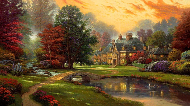 country, painting, artwork, 1080P, park, garden, pond, nature, house, creek, art, landscape