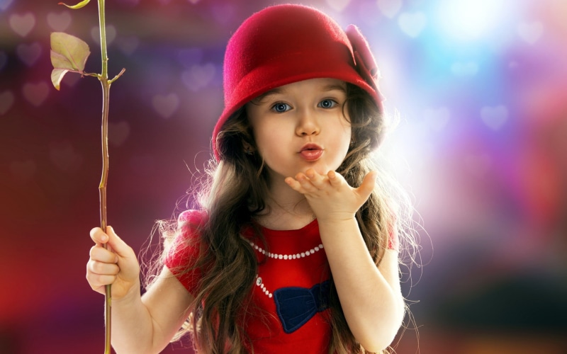 red, little, front view, rose, portrait, event, s, close-up, cute, one person, focus on foreground, holding, offspring, 2K, kiss, emotion, girl, performance