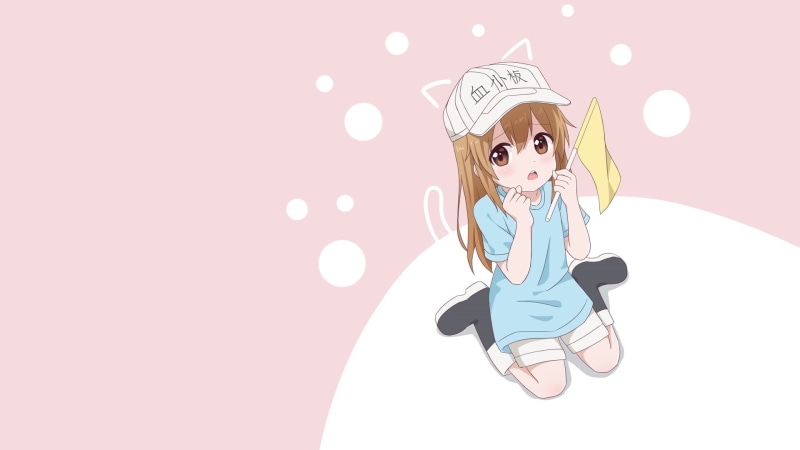 leisure activity, anime, emotion, nature, girls, women, offspring, 1080P, clothing, child, manga, pink color, Hataraku Saibou, nekomimi, pink background
