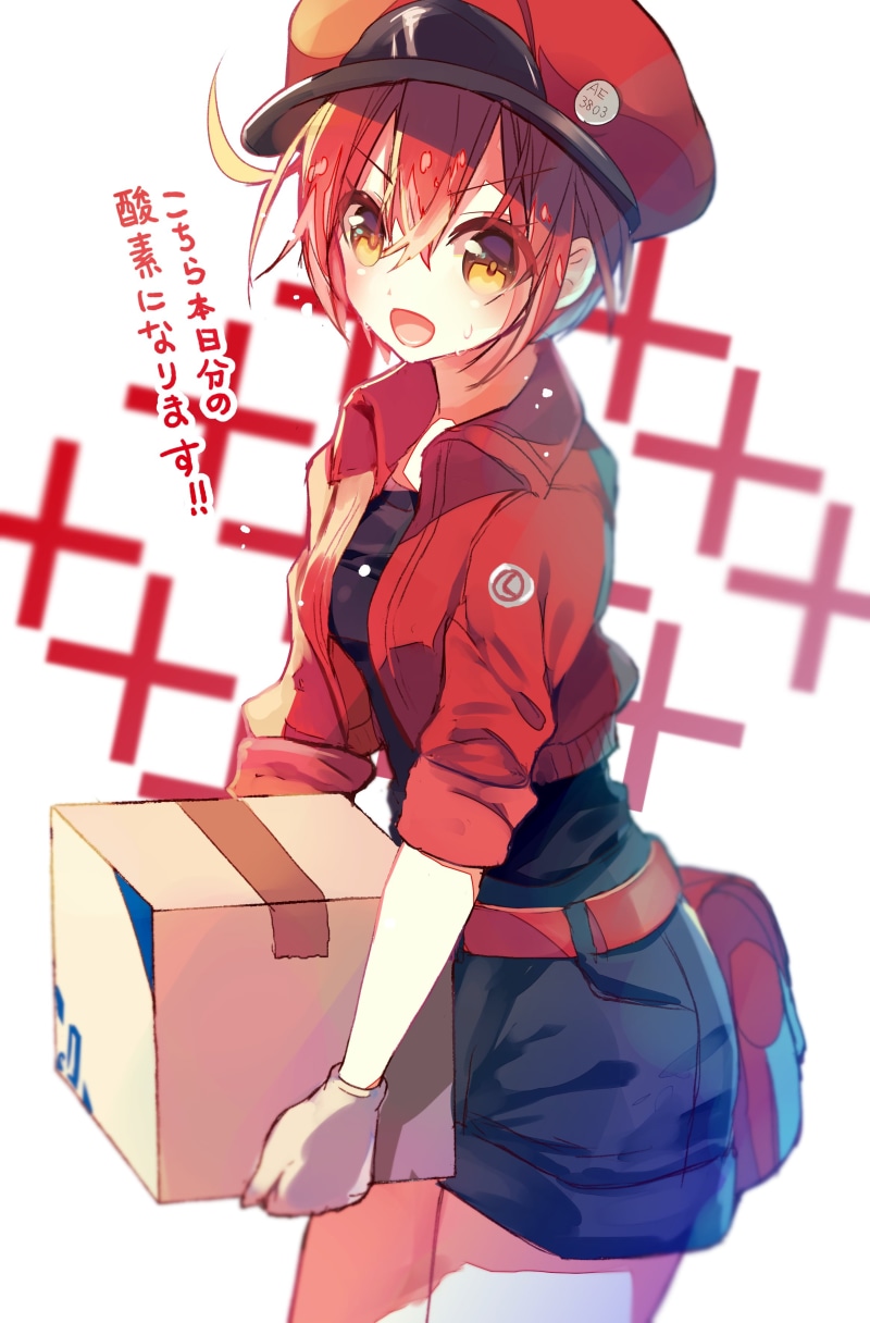 character, girl, anime girls, shopping, celebration, text, short hair, bag, representation, Hataraku Saibou, blush, contemplation, red, positive emotion