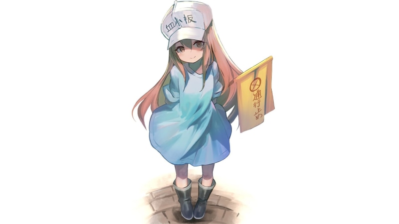 full length, portrait, 1080P, studio shot, anime, indoors, white background, young women, hat, one person, front view, manga, copy space, cut out, Hataraku Saibou