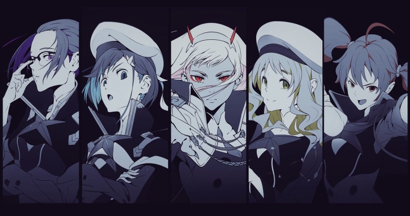 human representation, 1080P, anime girls, indoors, black background, side by side, still life, craft, no people, large group of objects, red eyes, mask