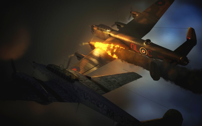 Avro 683 Lancaster, art, WW2, bomber, fire, four-engine, graphics, heavy, German, 2K, British, Avro 683 andquot;Lancasterandquot;, Messerschmitt Bf-110