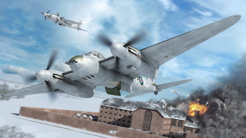 fire, British multi-purpose bomber, aerospace industry, outdoors, castle, aggression, military, conflict, transportation, graphic, De Havilland Mosquito