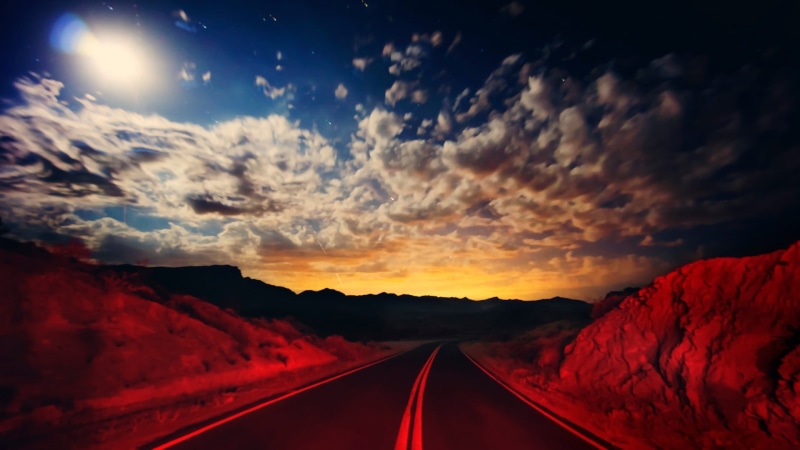illustration, environment, sign, tranquil scene, no people, tranquility, outdoors, sunlight, landscape, road, digital art, diminishing perspective, red