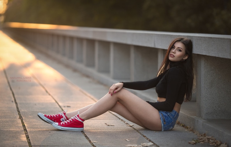 Converse, 1080P, sunset, sneakers, jean shorts, Robert Chrenka, looking at viewer, women, portrait
