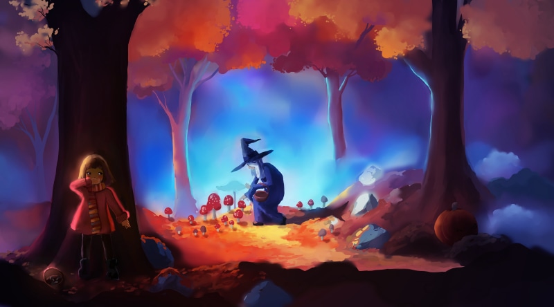 witch, Chibionpu, 5K, forest, mushroom, children, pumpkin, baskets