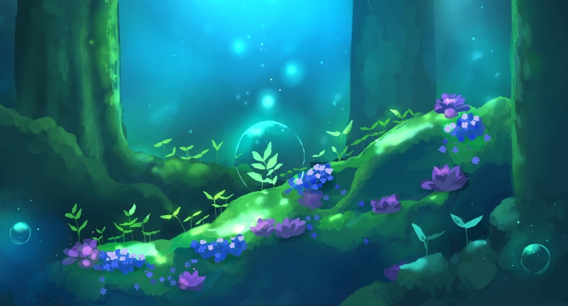 digital art, water drops, Chibionpu, bokeh, moss, forest, flowers, 5K