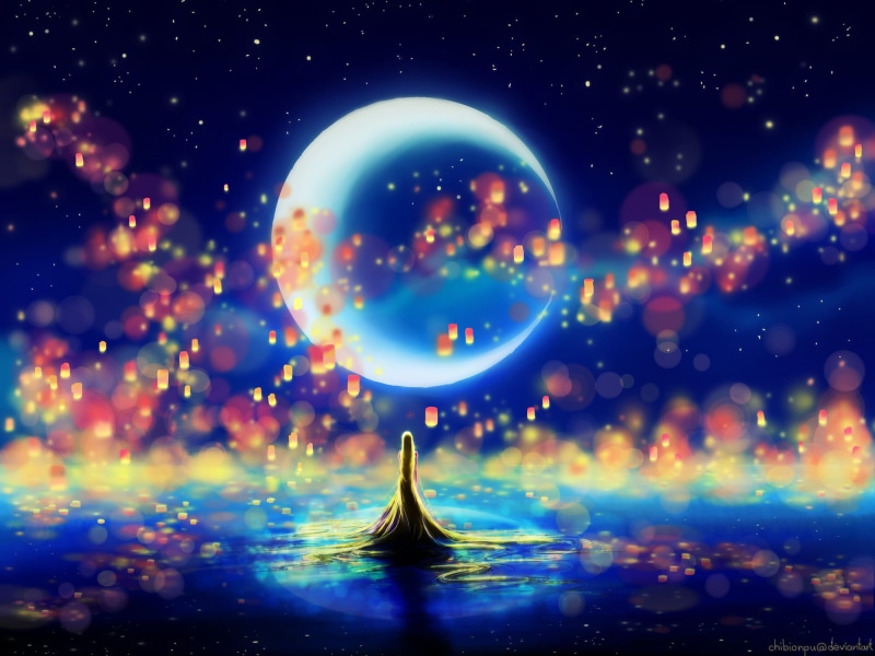 digital composite, illuminated, sky, sea, transparent, moon, space, shiny, geometric shape, illustration, lanterns, blue, multi Colored, 1080P, sphere