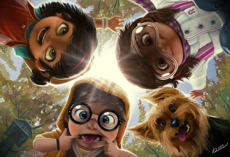 females, childhood, cartoon, portrait, Up (movie), people, headshot, togetherness, children, four, family, bonding, women, 480P, dog, day, digital