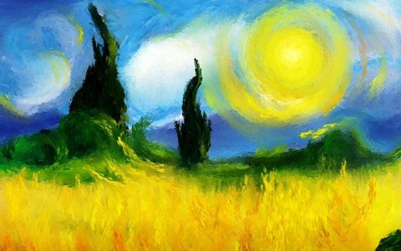 clouds, Trees, 720P, paintings, fields, painting, nature, Impressionist, sun