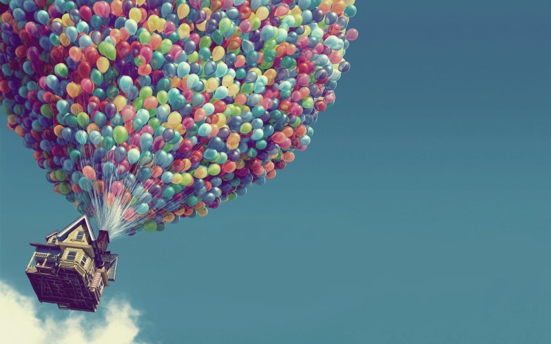 1080P, colors, balls, transportation, low angle view, up, single Object, motion, outdoors, no People, movie, clear sky, balloon, adventure, color Image