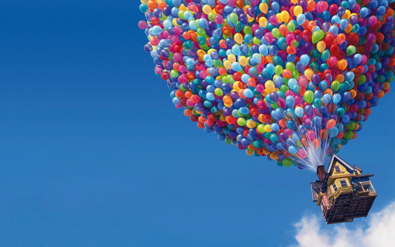 large group of objects, outdoors, 1080P, House, balloon, low angle view, Movie, transportation, clear sky, Balloons, multi colored, sky, copy space, built structure