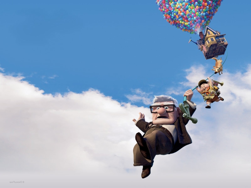 app, child, human limb, up, arms raised, movie, males, outdoors, sky, disney, full length, people, house, cloud - sky, low angle view, human arm, day, balls