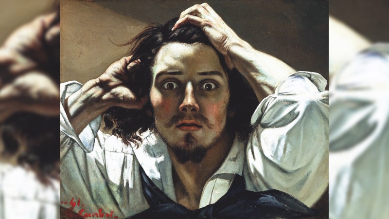 mid adult men, portrait, 1080P, looking at camera, adult, lifestyles, Gustave Courbet, painting, one person, men, casual clothing, focus on foreground
