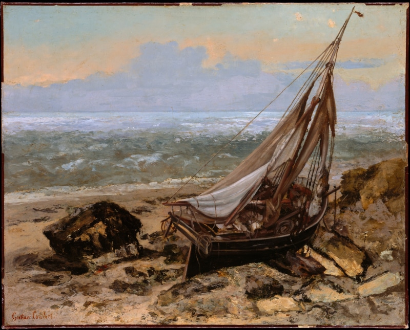 mode of transportation, damaged, abandoned, sea, no people, obsolete, Gustave Courbet, oil painting, sand, outdoors, sky, tranquility, nature, beach, classic art