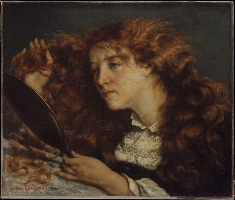 oil painting, hair, indoors, hairstyle, one person, long hair, classic art, real people, wavy hair, portrait, curly hair, Gustave Courbet, beautiful woman