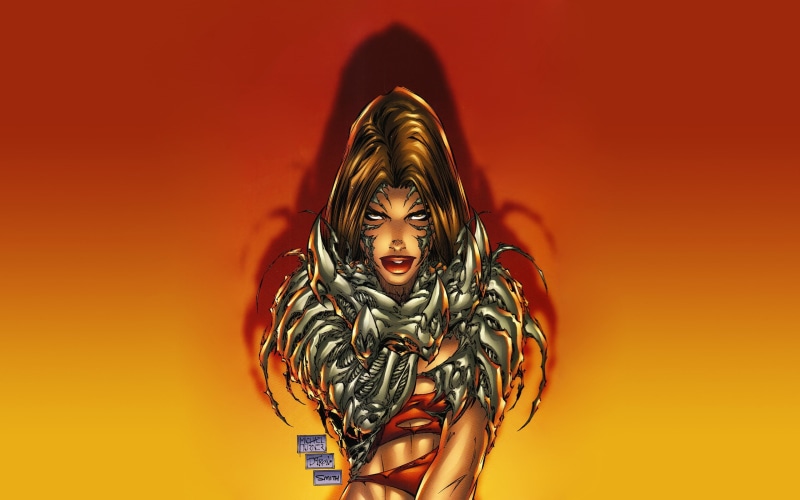 colored background, comics, one person, body paint, 2K, Sara Pezzini, gradient, front view, human body part, red, standing, studio shot, waist up, Top Cow