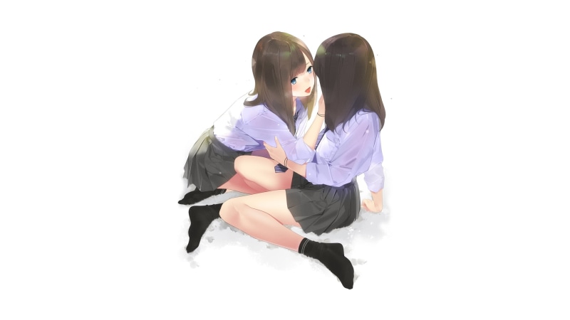simple background, 2019 (Year), original characters, amamitsuki12, long hair, white background, school uniform, drawing, blushing, socks, skirt, 2D, yuri