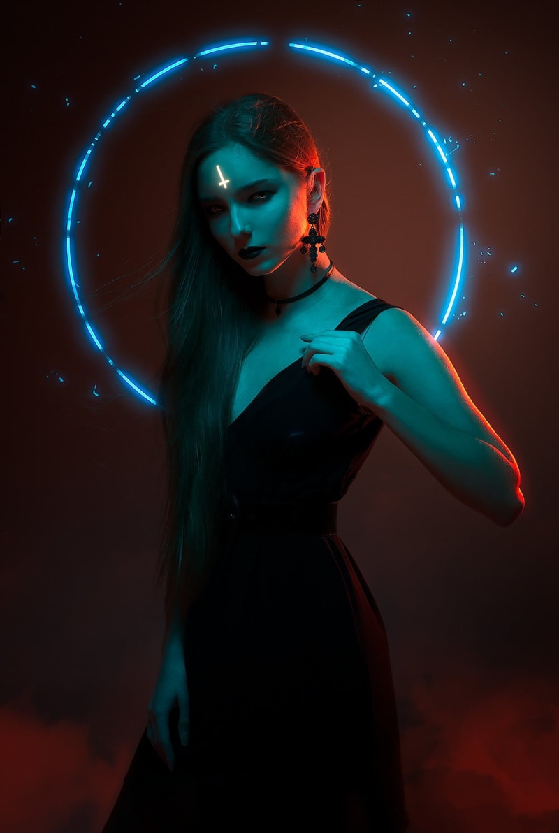 three quarter length, hairstyle, one person, astrology, studio shot, neon, beautiful woman, illuminated, futuristic, young adult, indoors, blue, 720P
