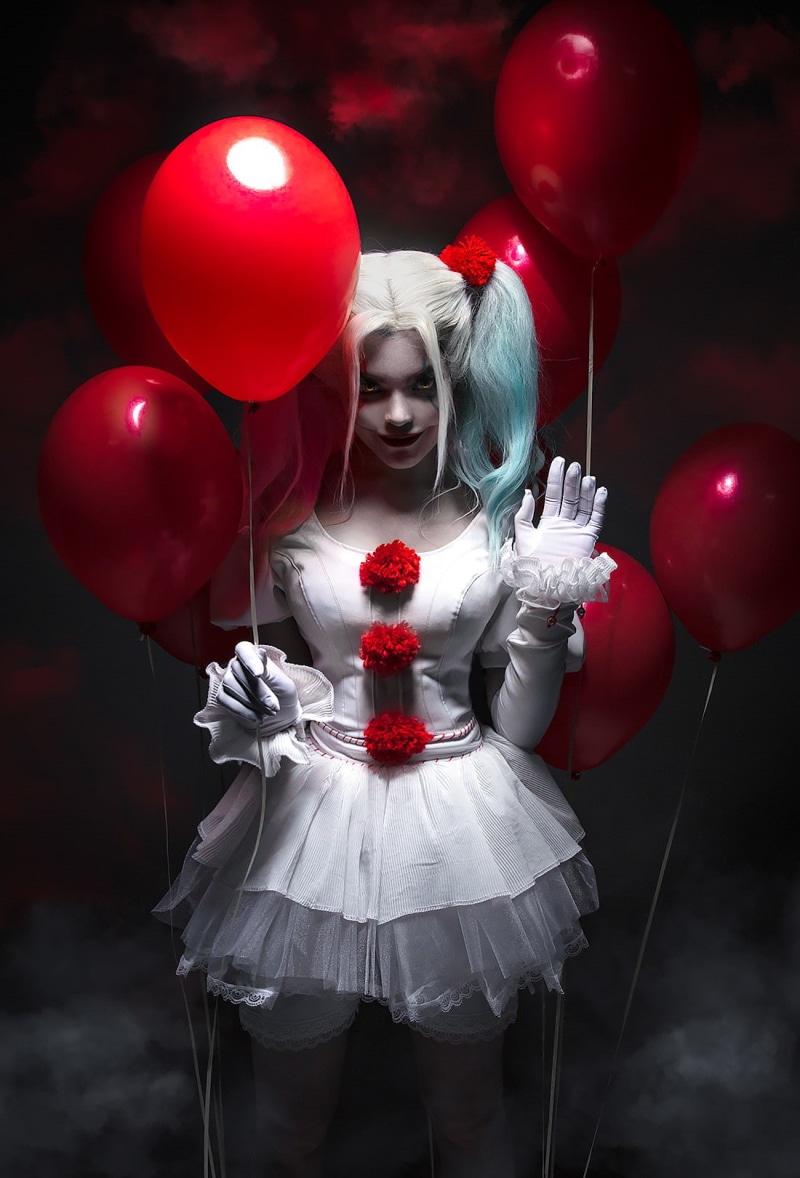 mist, Arlequina, cosplay, women, dark, IT, Sergey Shetukhin, dress, 720P, brunette