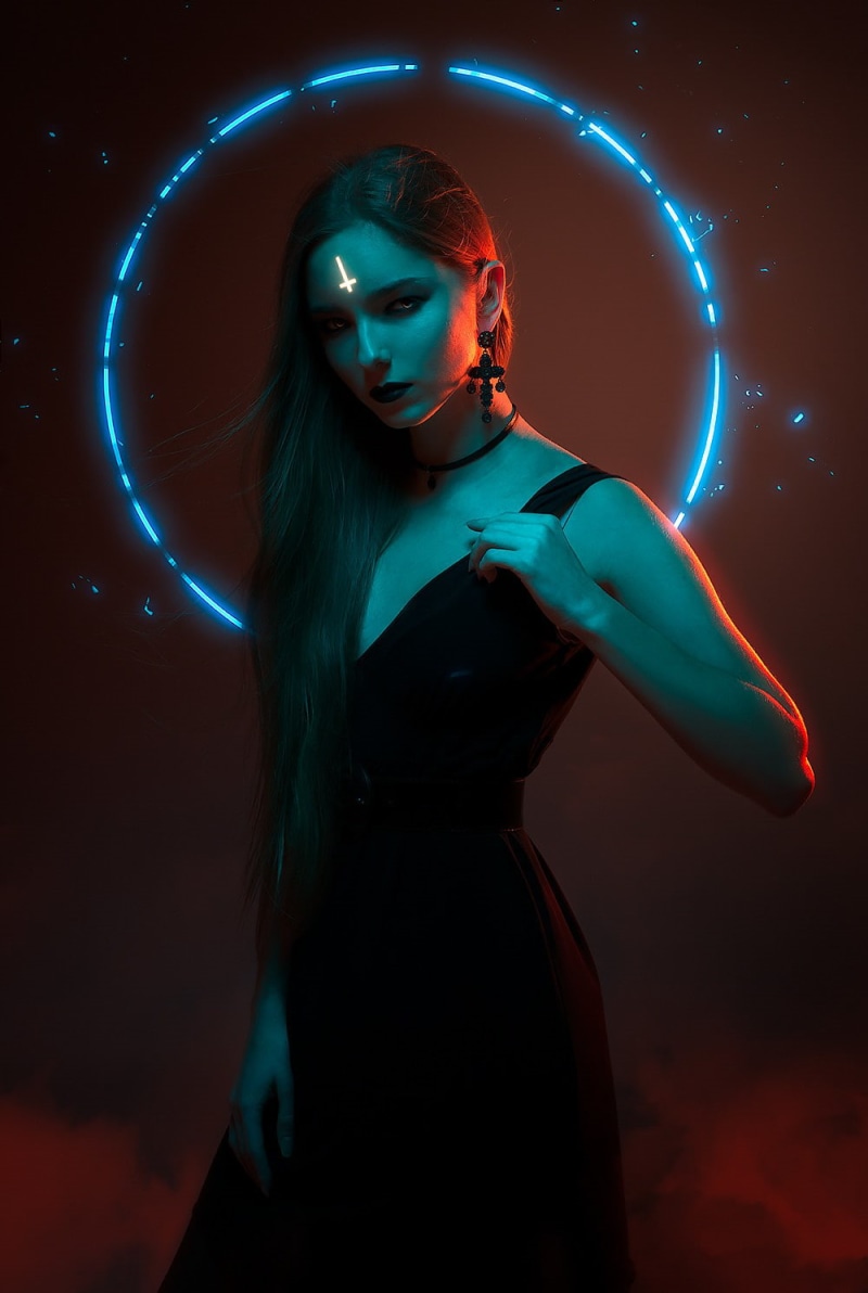women, Sergey Shetukhin, dress, circle, brunette, mist, dark, neon, 720P
