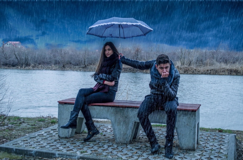 outdoors, black, bench, umbrella, young men, 1080P, young women, heterosexual couple, nature, protection, two people, people, humor, s, river, jacket