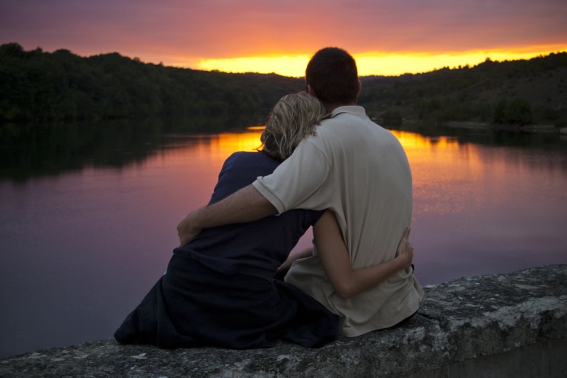 casual Clothing, emotion, 2K, shirt, leisure Activity, leaves, reflection, water, couple - Relationship, wife, affectionate, cheerful, males, young Adult