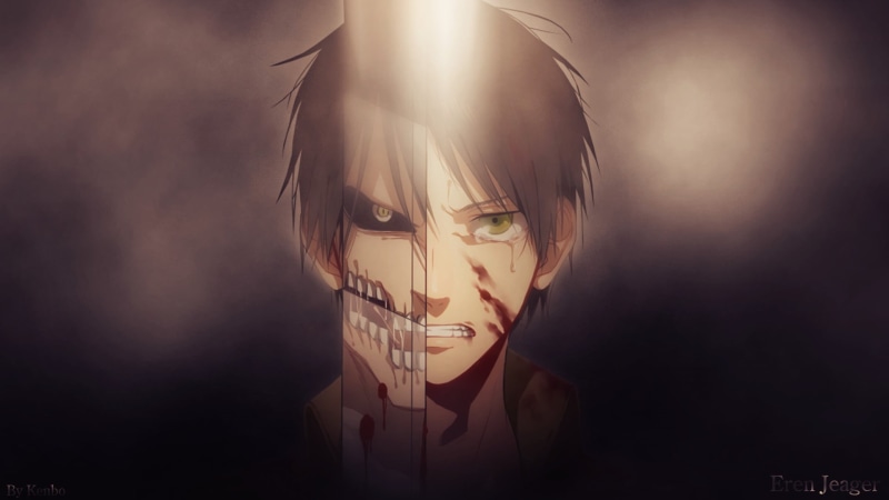 human face, one person, digital composite, young women, indoors, anime, Shingeki no Kyojin, portrait, black background, human body part, front view, anime boys