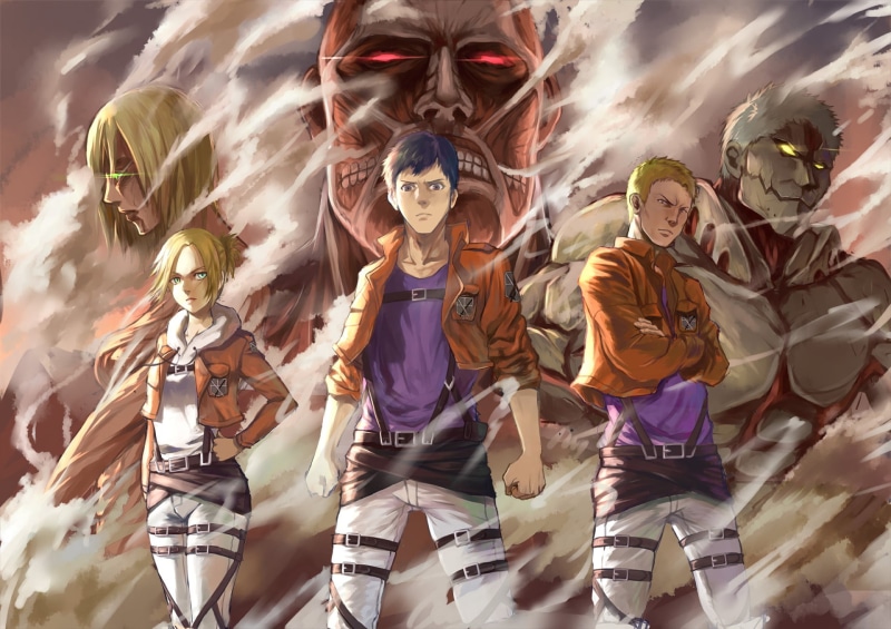 outdoors, disguise, Bertholdt Hoover, male likeness, Attack On Titan, animated, Colossal Titan, Anime, lifestyles, Annie Leonhart, female likeness, mask - disguise