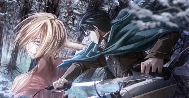 Mikasa Ackerman, Sword, Blonde, Blue Eyes, Shingeki No Kyojin, Attack On Titan, Jacket, 1080P, Annie Leonhart, Titan, Anime, Black Hair, Levi Ackerman