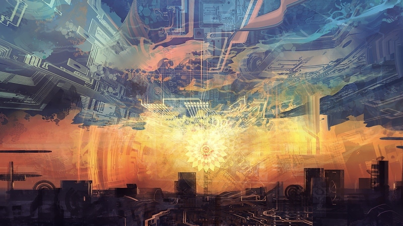 street, orange color, architecture, multiple exposure, smoke - physical structure, illuminated, high, building, circuits, rise, outdoors, artwork