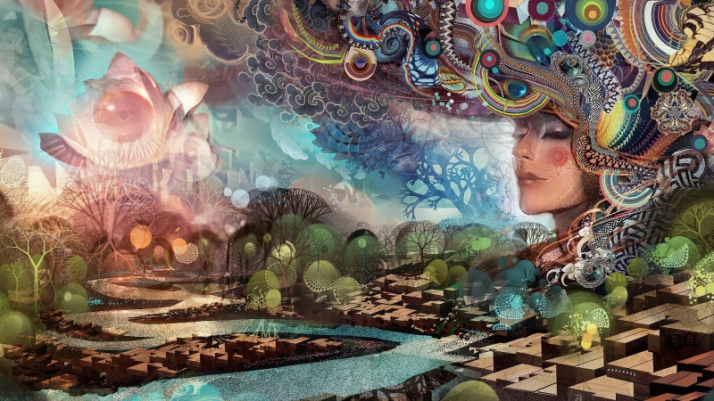 women, face, closed eyes, geometry, water, artwork, circle, 3D, painting, ornamented, trees, fantasy art, digital art, abstract, 1080P, Android Jones
