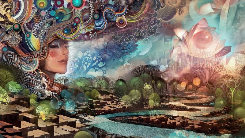 artwork, adult, headshot, circle, young adult, females, geometry, face, painting, childhood, Ornamented, Android Jones, lifestyles, Trees, 1080P, one person