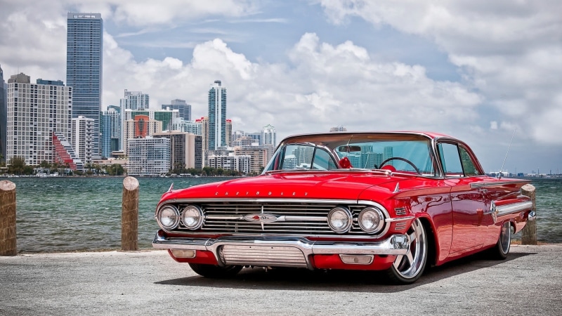 building exterior, building, landscape, city, urban skyline, cityscape, vintage car, classic, coupe, red cars, sky, Oldtimer, office building exterior