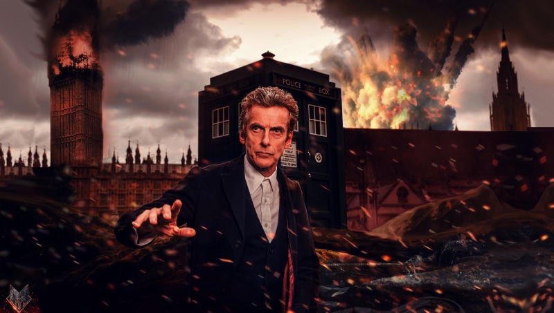 men, sky, Peter Capaldi, real people, lapel, front view, black, smoke - physical structure, built structure, fire, looking at camera, 4K, The Doctor, portrait