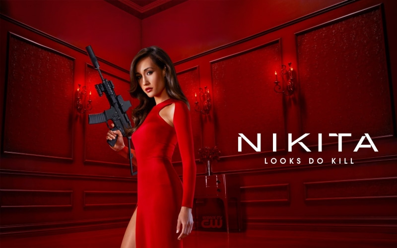 entertainment, dress, q, gun, machine, x, 1080P, tv, girls, maggie, red, nikita, girls with guns, hd, machine gun, series, art, guns