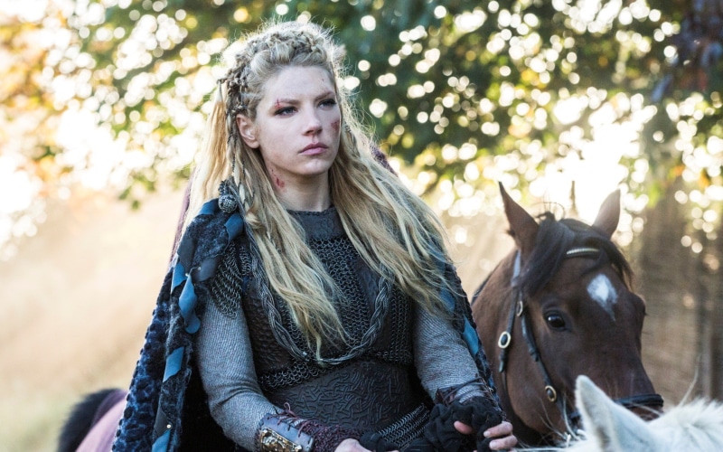 Lagertha Lothbrok, women, horse, Katheryn Winnick, blonde, actress, braids, 1080P, TV, blue eyes, long hair, Vikings (TV series)
