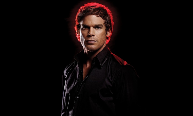dark, Dexter, waist up, actor, indoors, front view, studio shot, standing, looking at camera, black background, portrait, copy space, men, black, s, black color
