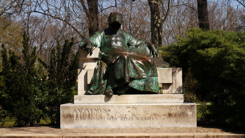 budapest, Anonymus, human representation, architecture, craft, statue, memorial, park - man made space, outdoors, day, castle, Budapest, tree, no people