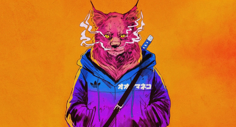 cats, artwork, 4K, orange background, Adidas, smoking, animals