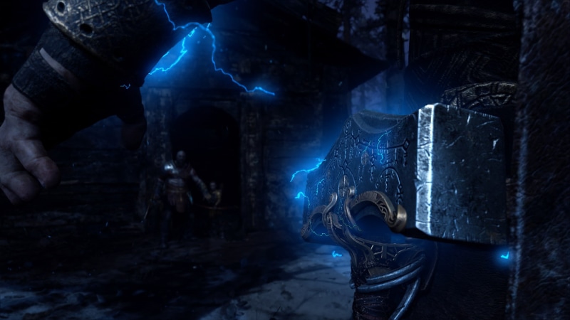 men, 1080P, long exposure, unrecognizable person, blue, one person, history, indoors, architecture, lighting equipment, human hand, God of War (2018)