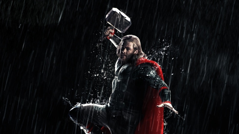 sign, studio shot, one person, motion, sport, raining, men, effort, cape, black background, adult, vitality, Movies, mjolnir, 1080P, hitting, thor, splashing