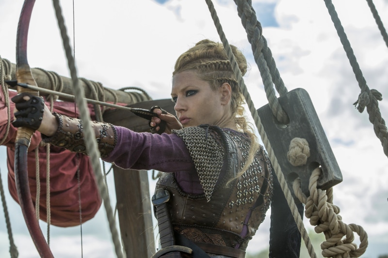 lifestyles, Katheryn Winnick, actress, women, holding, people, looking, front view, sky, weapon, waist up, movie scenes, warm clothing, armor, real people