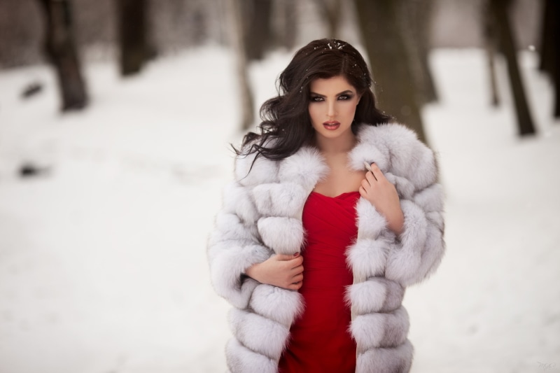 fur coats, young women, 2K, fur, cold temperature, winter, one person, outdoors, front view, trees, coat, young adult, Kira Petrova, looking at camera